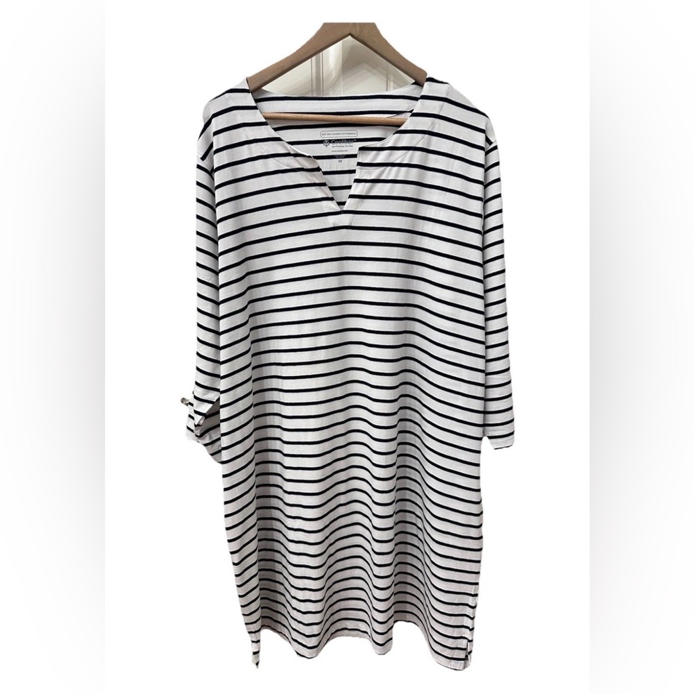 Coolibar‎ Sport Dress 3X White Blue Stripe Sun Protection Split Neck 3/4 Sleeve